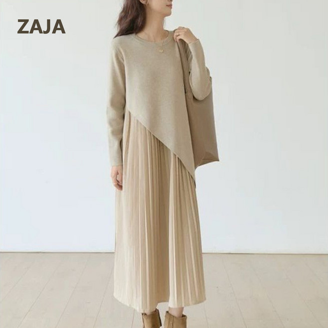 ZAJA 여성 여성 봄가을 루즈핏 긴팔원피스 라운드넥 데일리 원피스