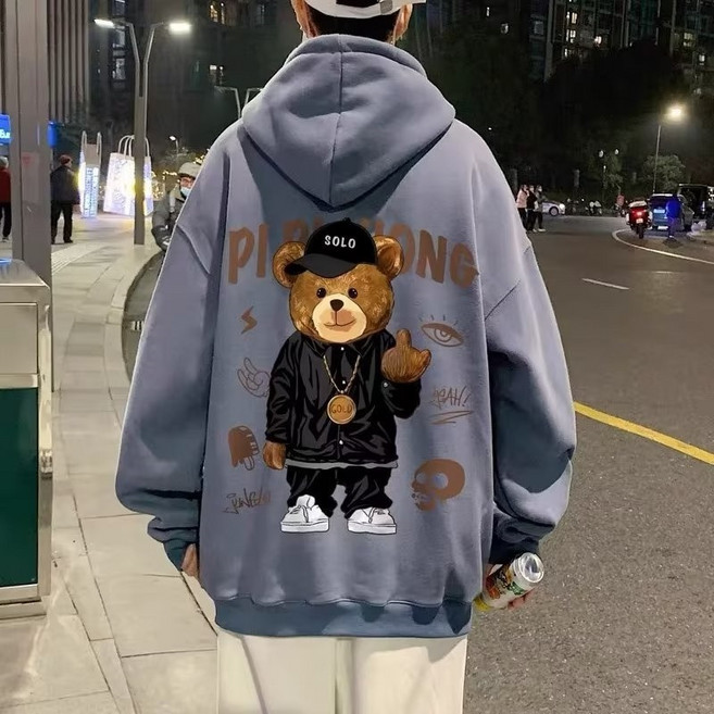 남성용미들핑거베어프린트캐주얼후드스웻셔츠일본후드풀오버하라주쿠패션Y2K스트리트웨어가을