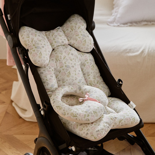 돗투돗 퓨어코튼 사계절 양면 유모차시트 라이너 목쿠션 세트, 1세트, 플라워베베바니(라이너+목쿠션)