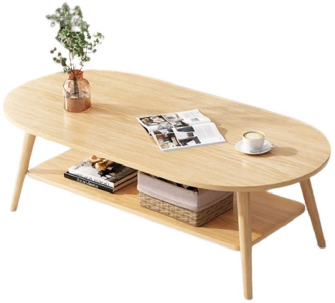 現代木紋橢圓茶几 雙層收納客廳桌 實木桌腳矮桌 簡約和室桌 100x50x42cm, 茶几-原木100*50*42