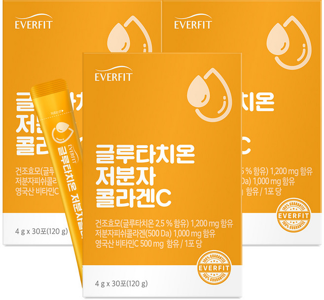 내츄럴플러스 에버핏 글루타치온 어린 저분자 피쉬 콜라겐 비타민C 30포 3박스 / 엘라스틴, 120g