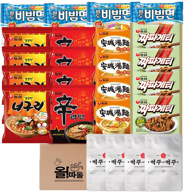 봉지라면 세트 2호 낱개 농심 신라면4 +안성탕면4 +얼큰한너구리4 +짜파게티4 +팔도 비빔면4 +먹꾸먹꾸 라면야채스프4, 1세트