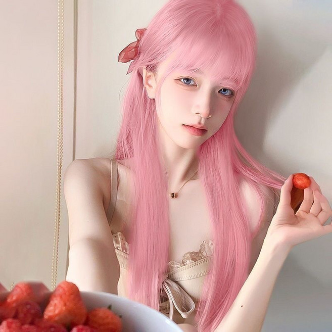 아이돌 헤어 여성 통가발 풀뱅 슬릭컷 긴생머리 은발 백금발 핑크 코랄 플래티넘 블론드 실버, 1개, 핑크 코랄 풀뱅 슬릭컷