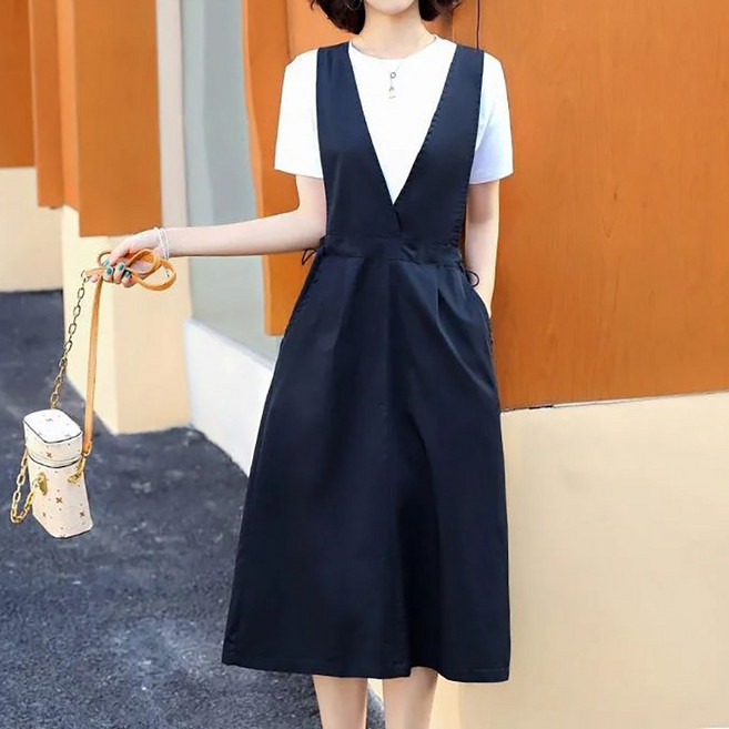 ORZQU 봄여름 멜빵스커트 세트 순면 반팔티+스커트 투피스 루즈핏 빅사이즈 여성 롱원피스