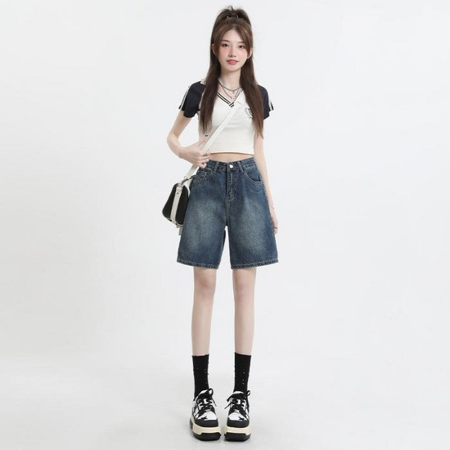 復古藍牛仔短褲女2023年夏季薄款五分褲直筒寬鬆高腰中褲顯腿長
