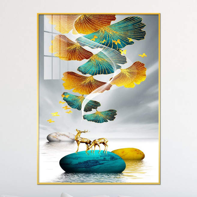 아트블루 풍수 인테리어 황금 나무 사슴 액자B 부모님 개업 선물, 16번 비취 노란은행잎-황금사슴 두마리