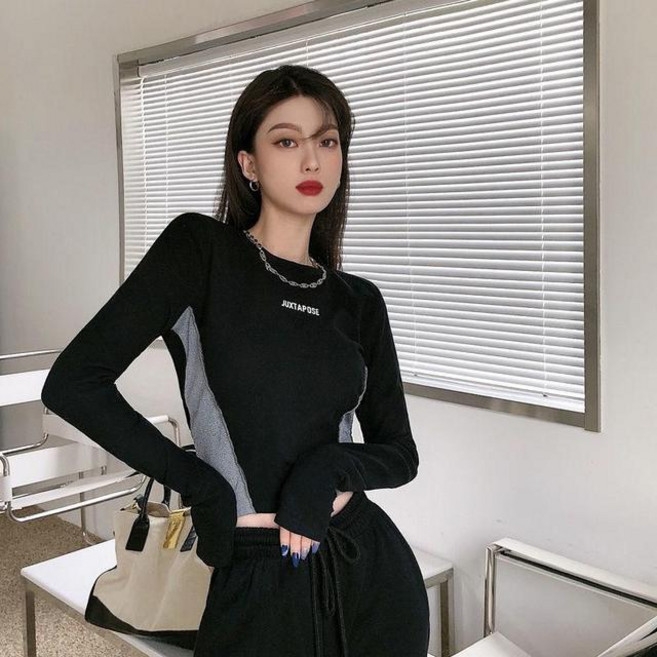 Yedinas 패치 워크 T 셔츠 여성용 Streetwear 고딕 긴 소매 자르기 탑 Y2k 슬림 힙합 티 셔츠 Femme Korean Autumn 2022