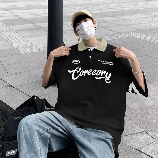 골프셔츠 테니스셔츠 문예패션남 청춘유행 나른여름 루즈핏 5부소매 트렌드