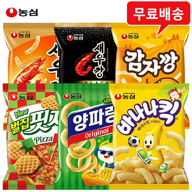 농심 과자 6봉(새우깡1+블랙1+감자깡1+벌집피자1+양파링1+바나나킥1)무배, 6개, 75g