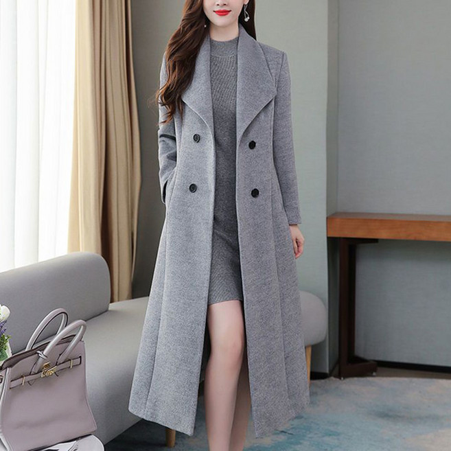 가을겨울 여성 캐주얼 슬림핏 솔리드 칼라넥 허리 종임 모직 롱 코트