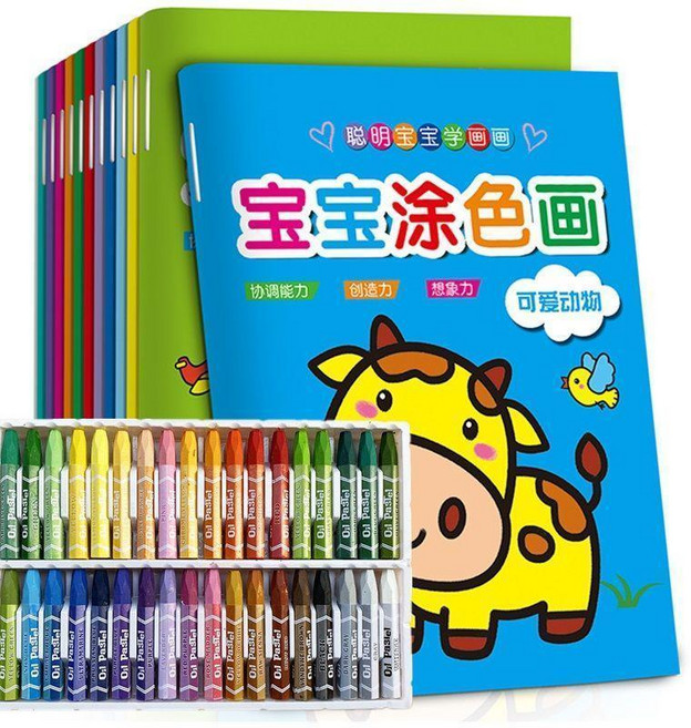 寶寶油畫棒, 1個, 36色可水洗油畫棒+12本塗色本
