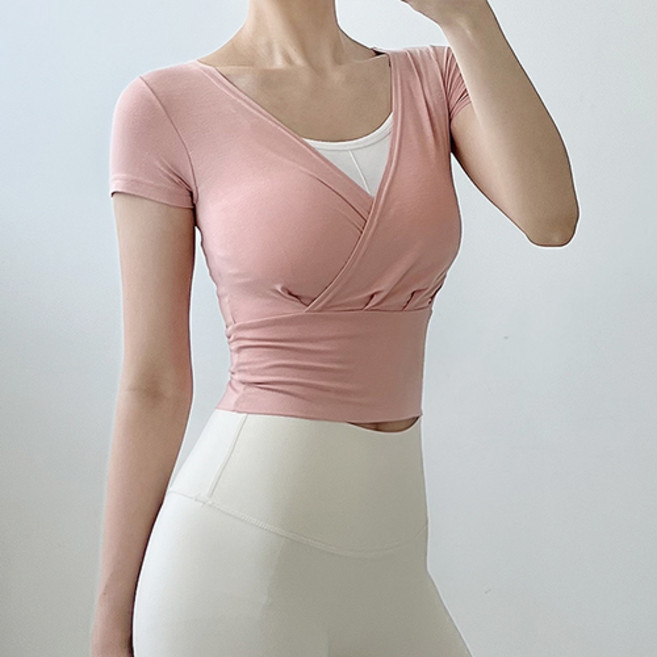 앤드바이미 글램 크롭 반팔 필라테스 요가 발레 운동 복 커버업 랩스타일 티 탑 상의