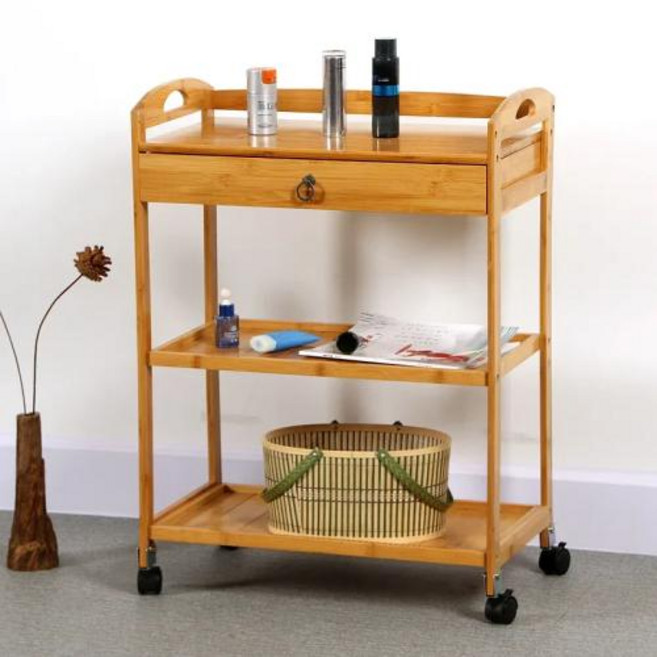 레트로 정리 바퀴가 달린 단단한 목재 3 단 선반 서빙 테이블 서랍 주방 보관 카트 바 와인 차, B