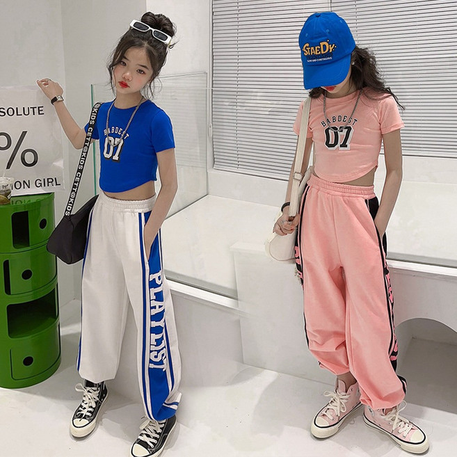 <베베아꽁>주니어 07 댄스복 상하셋 120~170호 블루 핑크 성인 여아 초등학생 데일리 힙합 댄스 세트 상하 와이트 긴바지 반팔 크롭 배기 주니어 여아 상하복 크롭티 조거팬츠