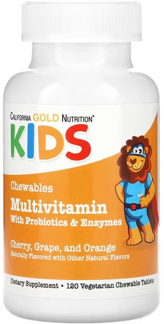 캘리포니아골드뉴트리션 어린이 멀티비타민 프로바이오틱 과일맛 120씹는정 종합비타민 비타민C 비타민 비오틴 티아민 리보플라빈, 1개, 120정 - 쿠팡