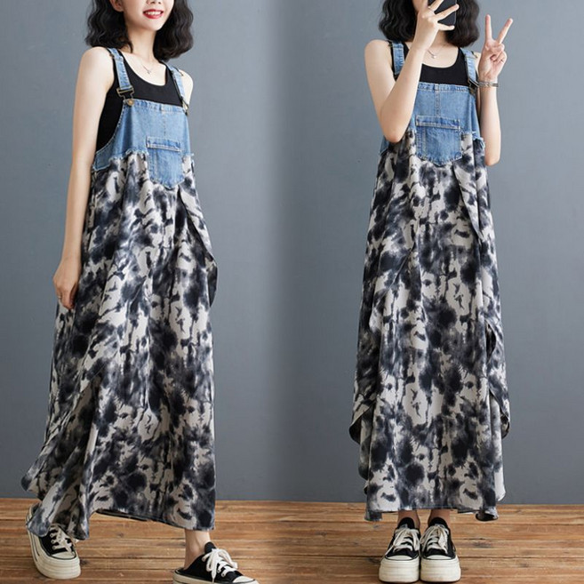 WEIHAN 여성 데님 멜빵 원피스 루즈핏 캐주얼 쉬폰 롱 원피스 A라인 끈나시 원피스 루즈핏
