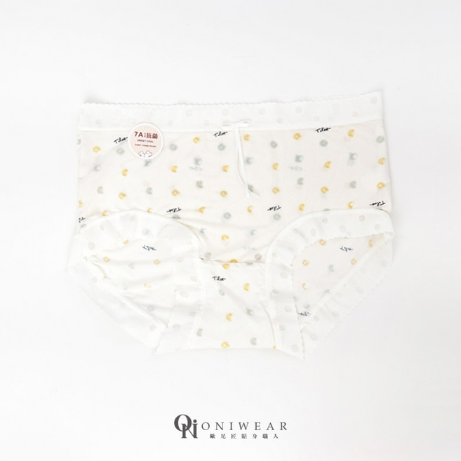 OniWear 冰絲點點蝴蝶結內褲，中腰親膚，輕薄透氣，均碼 (45-60公斤), 黃綠點點,均碼【建議45-60公斤】