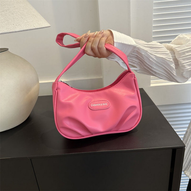 韓系高顏值單肩腋下包 手提包包 百搭單肩包 手拎包 小眾設計女包 肩背包 半月包, 玫粉色