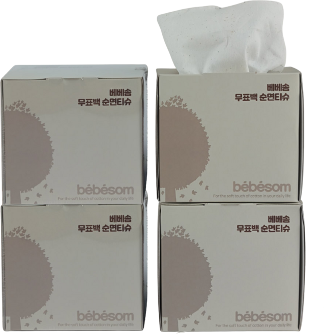 베베솜 무표백 순면 콧물티슈 아기 각티슈, 50g, 100매, 4개