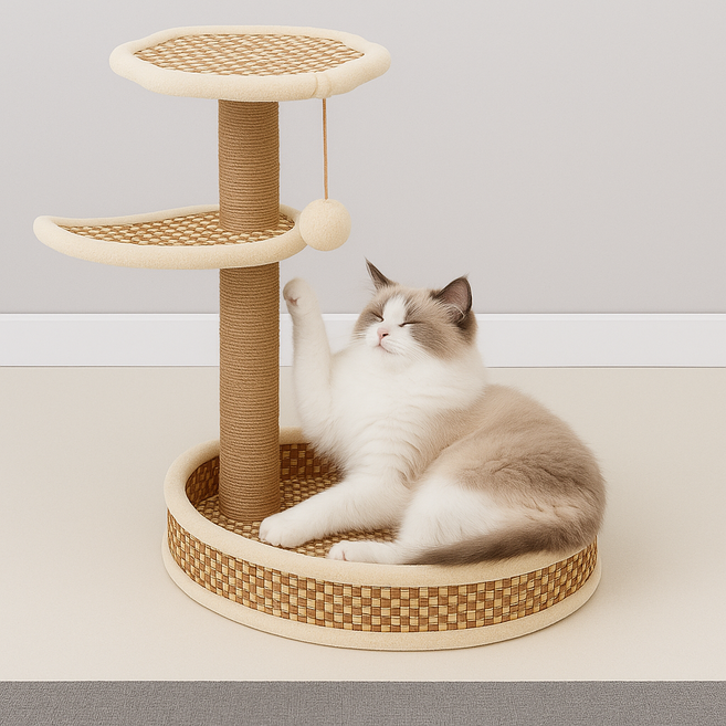 솜솜프렌즈 3단 라탄 매트 공놀이 미니 캣타워, 1개, 베이지