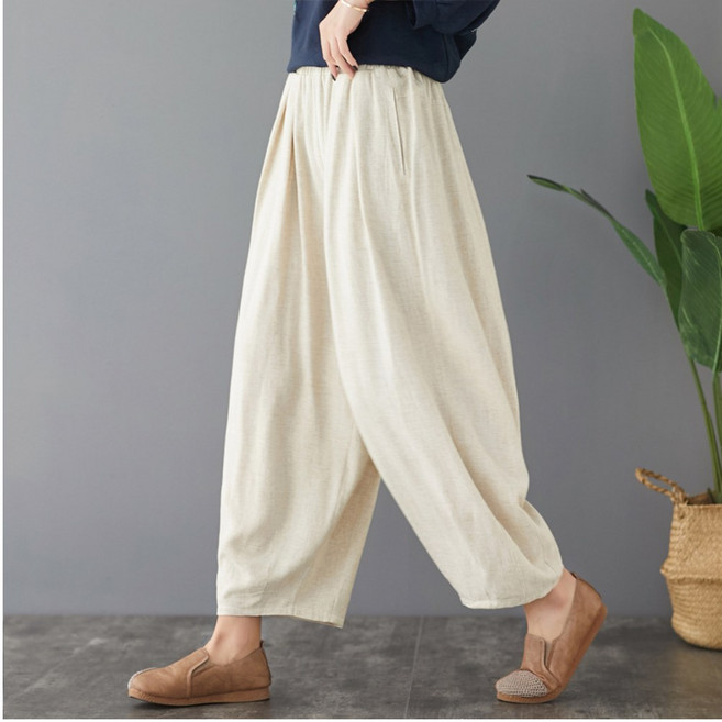 플랜앤유 여자 빅사이즈 밴딩 와이드 배기핏 린넨 팬츠