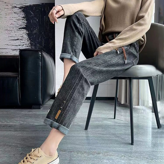 POMTOR 여성 하이웨스트 밴딩 스판 청바지 데님 팬츠 슬랙스 일자 바지 빅 사이즈