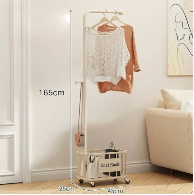 CABICO 철제 원룸 스탠드 튼튼한 옷걸이 행거 빨래바구니 담은 이동식 옷걸이 행거, C장형, 화이트