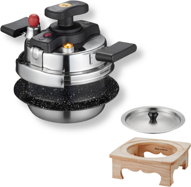 굿밥 1인용 2인용 압력솥 누룽지 미니 3인용 4인용 압력밥솥 인덕션 가스, 혼합색상, 1세트, 1.1L, 2인용 양수 코팅압력솥+스텐뚜껑/나무받침 세트