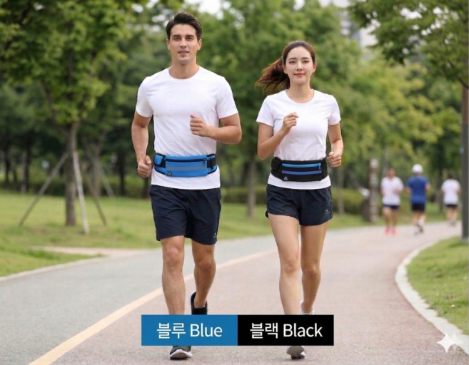 런닝벨트 물통 휴대폰 이어폰 케이스 수납 가능한 경량 러닝힙색, 3개, 블루+블랙