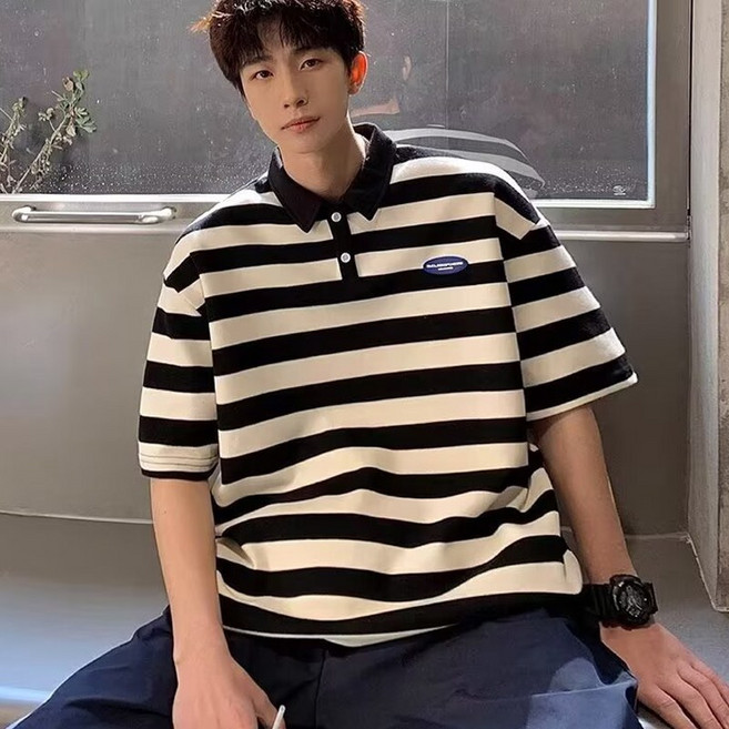 남성 스트라이프 폴로 티셔츠 남학생 여름 경량 칼라넥 오버핏 반팔 맨투맨