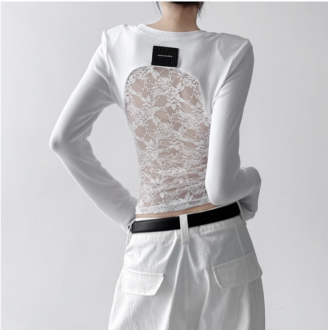 여성용 라운드 섹시 등판 펀칭 레이스 티셔츠 긴팔 슬림 톱