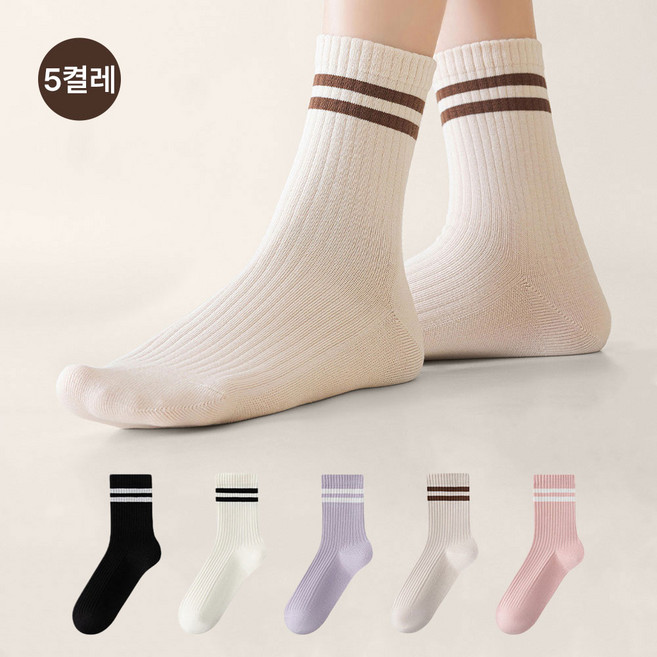 MJLP 여성 무지 스트라이프 압박 봄여름 양말 중목 양말 장목 양말 중목 양말 운동 완충 면 양말 5족 세트