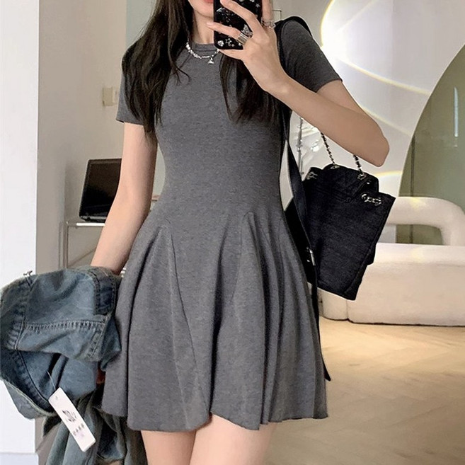 VERIT 트렌디 슬림핏 플레어 반팔 미니 원피스 VT428