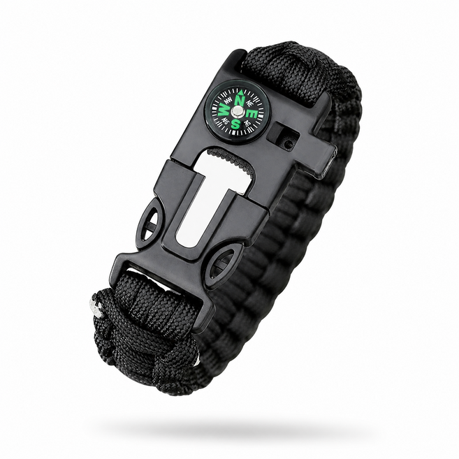 파라코드 팔찌 멀티툴 캠핑 팔찌 호루라기 나침반 커터 아웃도어 생존 팔찌, 1개, 블랙