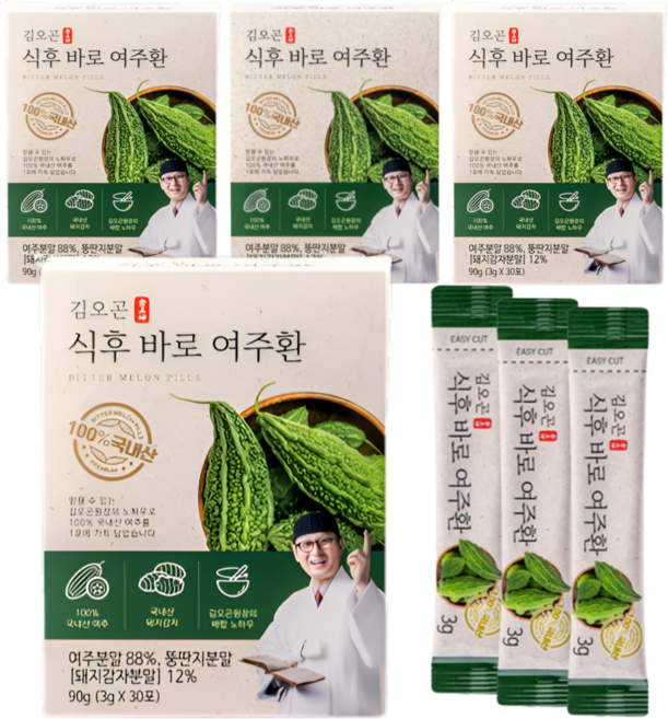 [홈쇼핑 히트 상품] 김오곤 식후 바로 여주환 4개월분+10포(체험분) 스틱형 국내산 여주 돼지감자, 3g, 130개