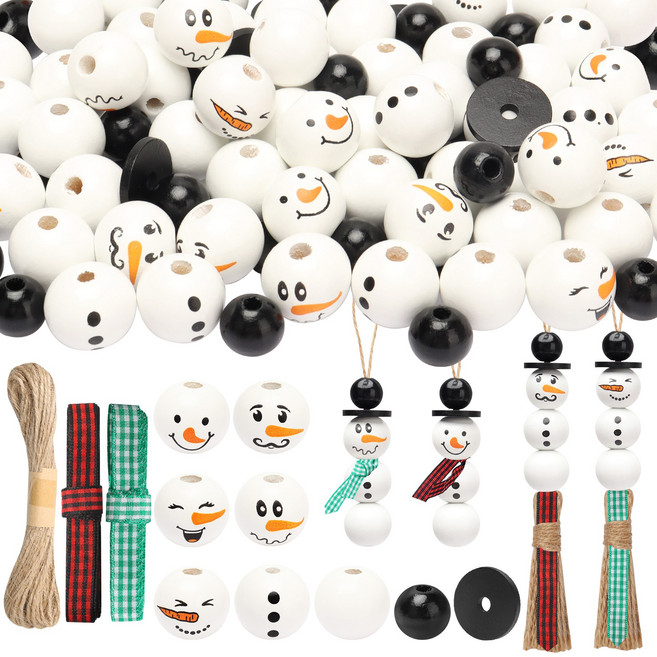 크리스마스 눈사람 나무구슬 세트 DIY 장식 키트 (끈 리본 통과바늘 포함) 크리스마스 파티 장식 나무구슬 크리스마스 트리 선물용, 스타일 1