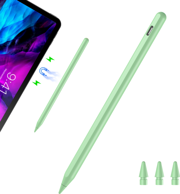 JAMJAKE 아이패드 호환 스타일러스 펜슬 스마트 터치펜 초미세 펜촉 2가지 충전 방식 자석 충전 + USB-C 충전 P10, 1개, 그린