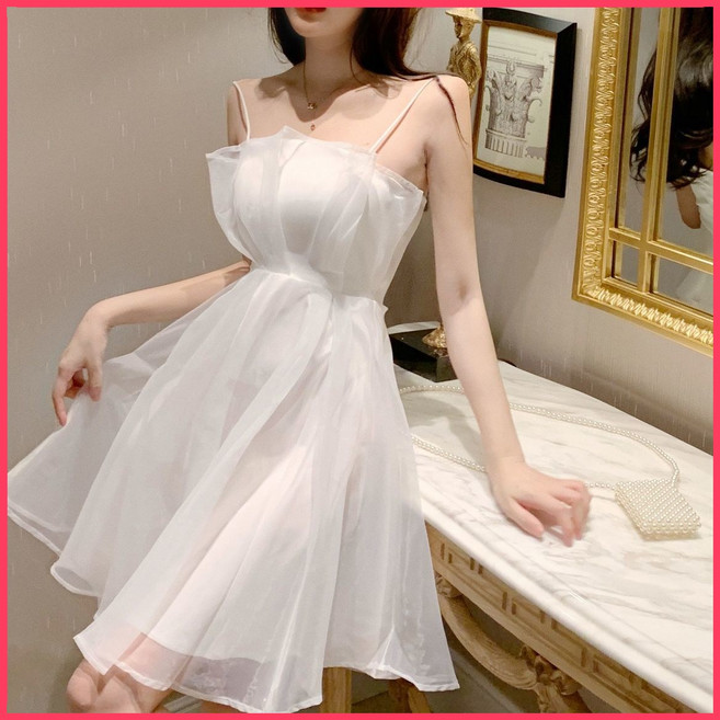 吊帶連衣裙 法式泡泡紗收腰A字短裙, S 【36~44公斤內】