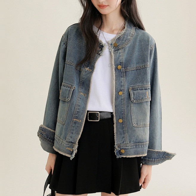 SAHINER 여성 봄 오버핏 데님 자켓 노카라 청자켓 컷팅 포켓 점퍼 AWT57