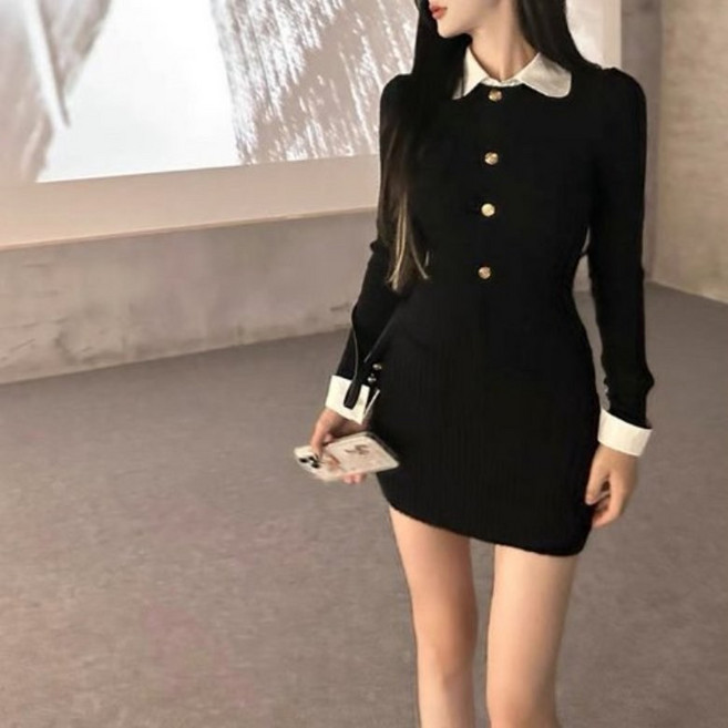 아이엠몽 여성 카라 골드 버튼 슬림 미니 원피스