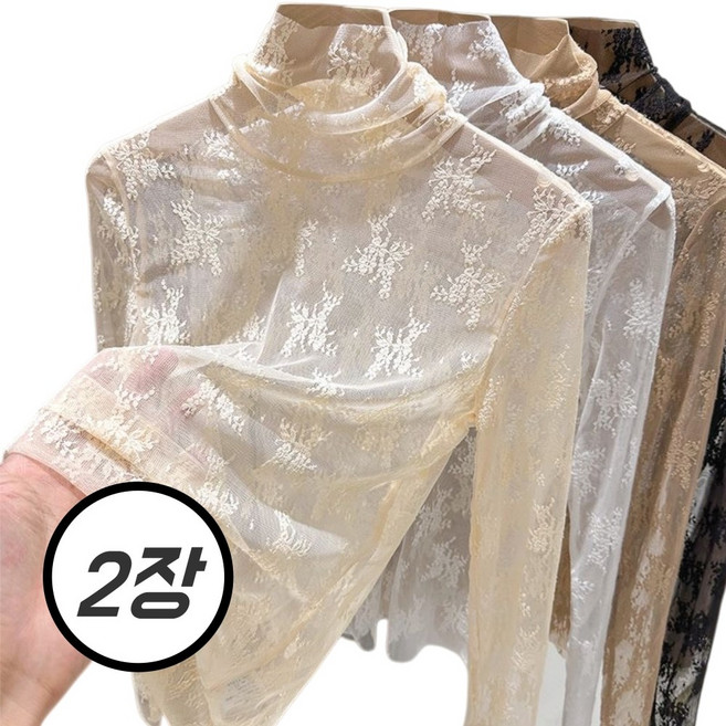 UNBAISER 1+1 봄가을 레이스 긴팔 이너티 망사 반폴라 터틀넥 시스루
