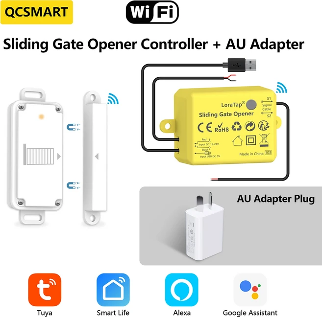QCSMART 슬라이딩 게이트 오프너 컨트롤러 IP65 방수 도어 센서 USB 충전 Tuya Smart Life Google Home Ale, 04 AU Adapter Plug Kit, 1개