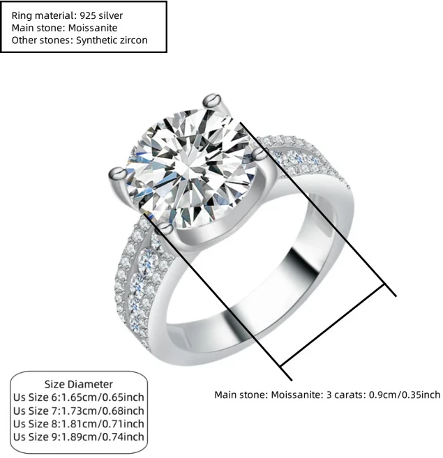 925 실버 3캐럿 4발 라운드 모이사나이트 고귀하고 다재다능한 클래식 고 용 결혼 반지 커플