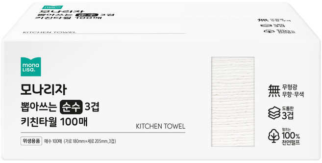 모나리자 뽑아쓰는 3겹 천연펄프 키친타월, 100개입, 18개