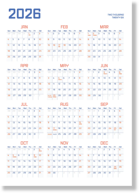 생활특별시 2026년 한장 달력 벽걸이 대형 1년 포스터 달력 플래너 집꾸미기 달력 캘린더 연간계획표 예쁜 감성 인테리어 벽달력 연력 새해 신년 달력 선물, 1장, 오렌지블루