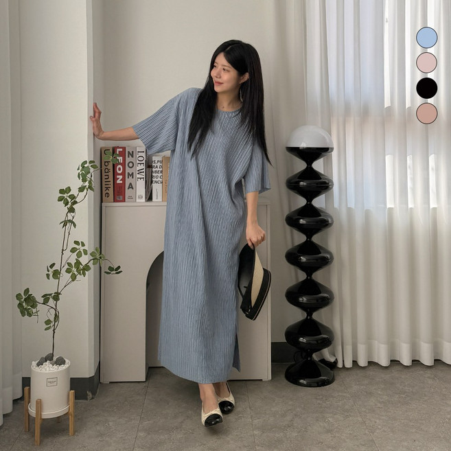 디테일웨어 여성 웨이브 주름 플리츠 반팔 롱원피스 빅사이즈 편한원피스 젊줌마 임부복 라운드넥 시원한 옆트임 여름원피스