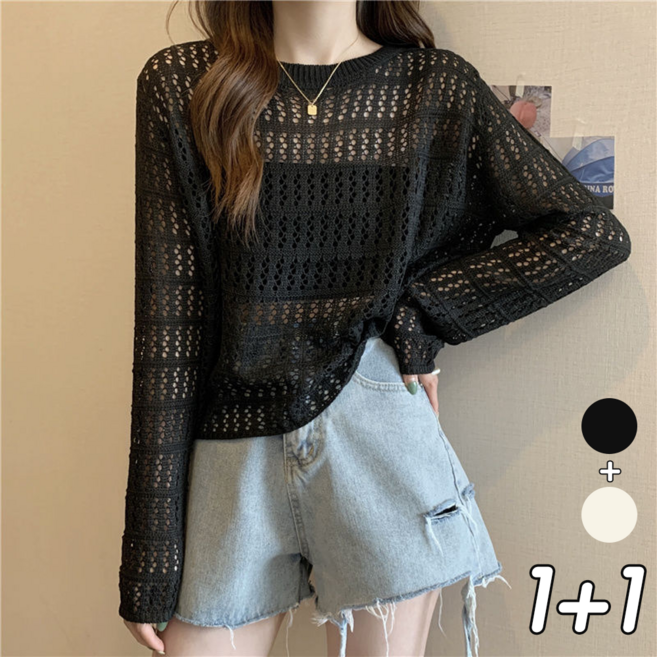 NUNUHANA 1+1 여성 루즈핏 얇은 펀칭 긴소매 라운드넥 니트