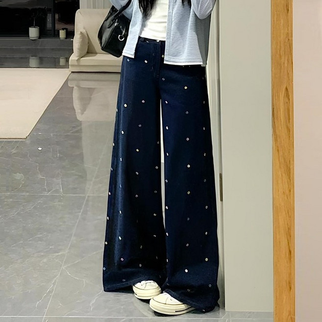 Makone 여성 청바지 잔꽃 자수 하이웨스트 와이드 데님 팬츠