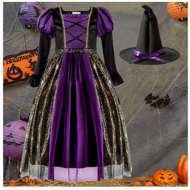 몽키카카 여아 주니어 초등학생 공주 거미줄 망사 할로윈 마녀긴팔드레스 세트 ( 모자 + 드레스 )