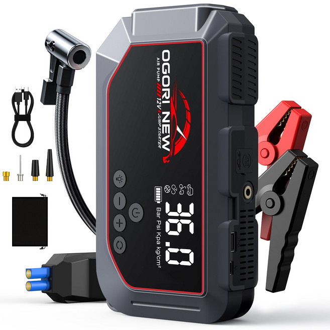 OGORI NEW 3000A 자동차 긴급 시동 점프스타터 타이어 공기주입기 보조배터리지원 대용량 올인원 스마트 점프케이블 12V 모든 차종 호환 가능, 1개, 8000mAh